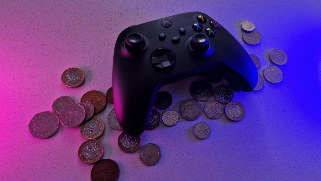 video game, controller, pennies, coins