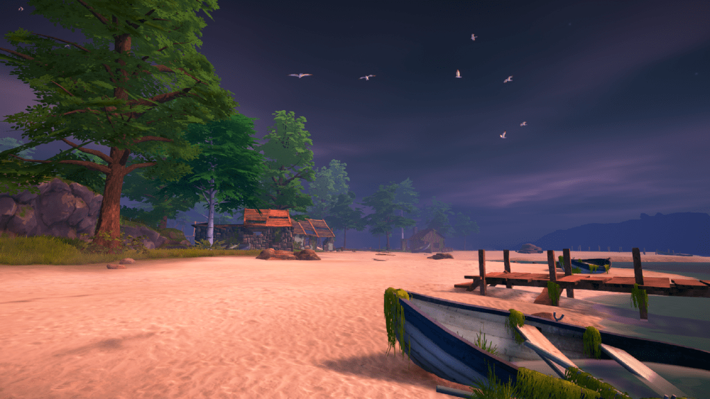 Ghost on the Shore, video game, screenshot, boat, beach, sand, trees, hut