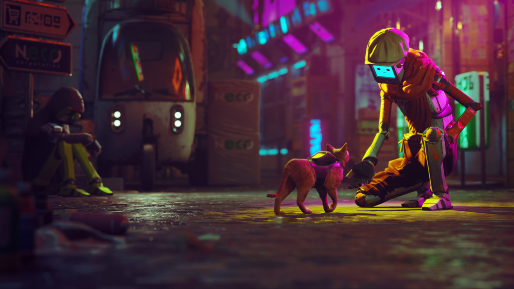 Stray, video game, screenshot, cat, robots, street