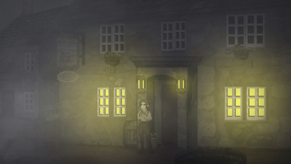 Excavation, Hob's Barrow, video game, screenshot, night, mist, Thomasina, window, pub